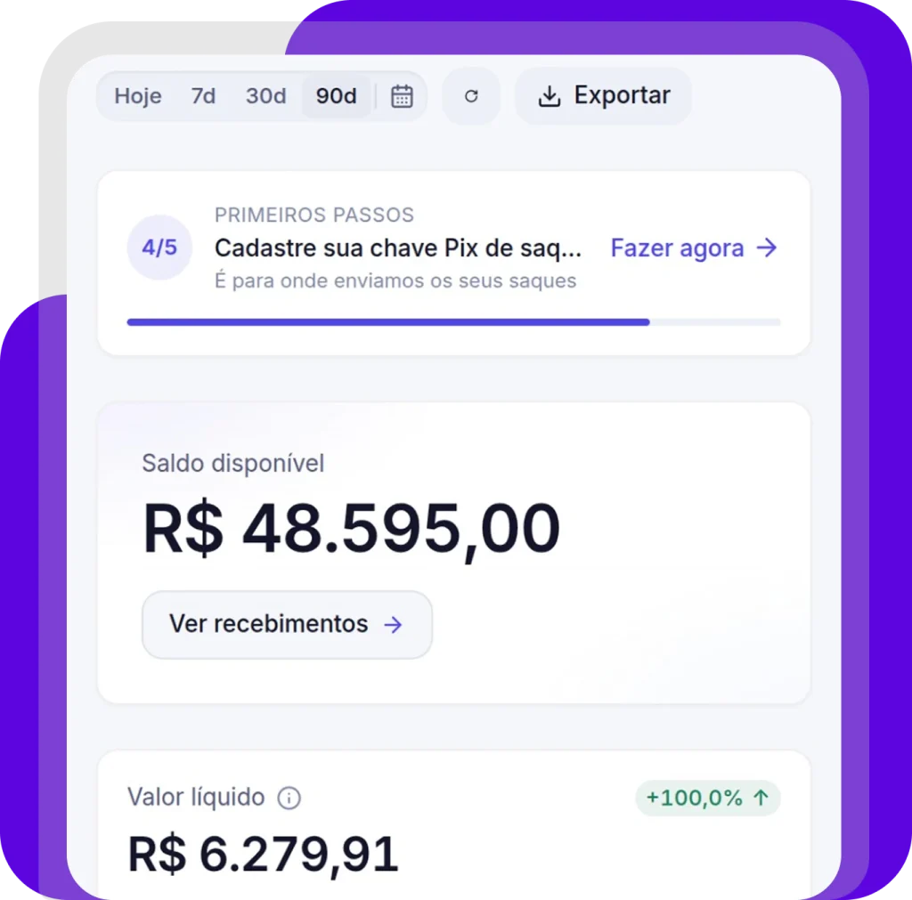 Painel do gateway com saldo disponível e valor líquido